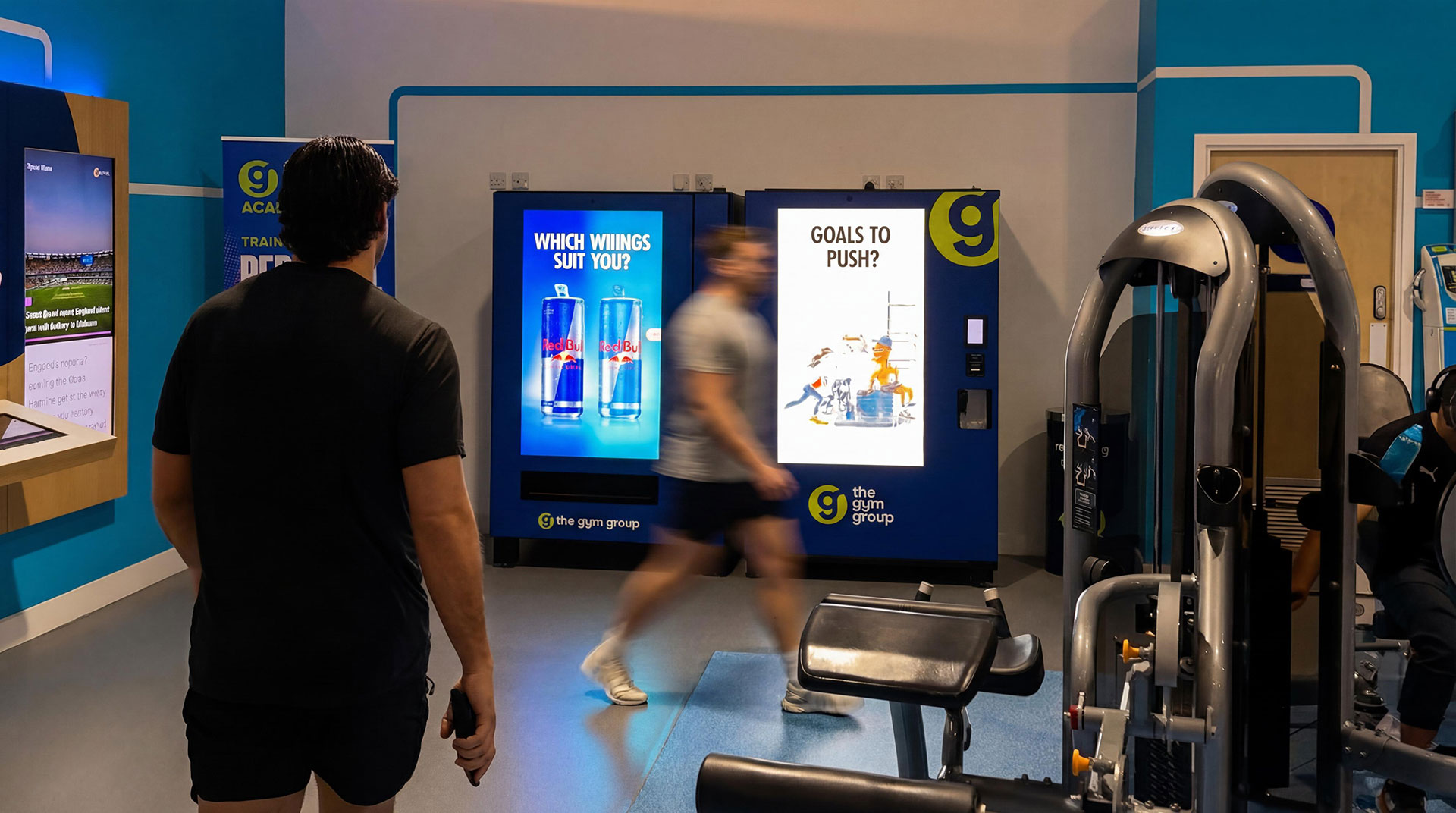 Red Bull brand media on a Bright.Blue unit in The Gym Group